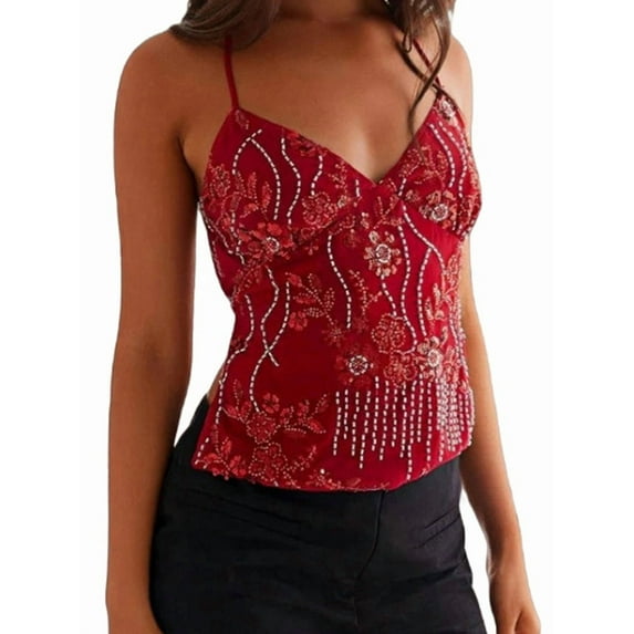 Women Sequin - Top Rhinestone Sparkle Sleeveless V Neck Camisole Open Back Summer Crop Top Party Clubwear Red M