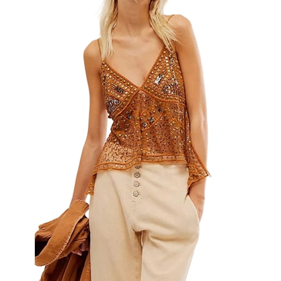 Women Sequin Top Rhinestone Sparkle Sleeveless V Neck Camisole Open Back Summer Party Clubwear Orange S