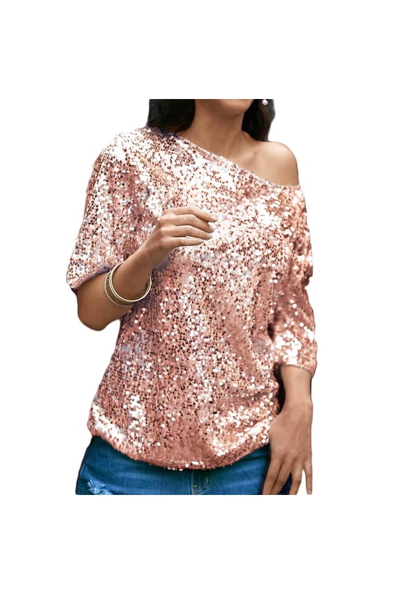Women Sequin Top Sparkle Glitter Tank Club Party T-Shirt Casual Blouse