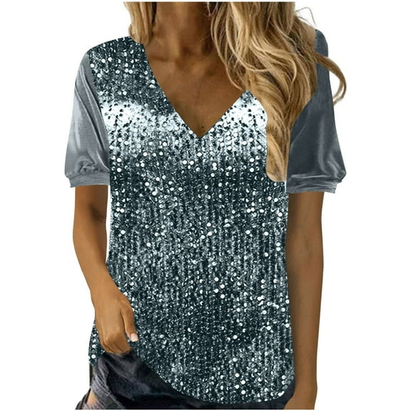 Women Sequin Tops Gold Velvet Short Sleeve Patchwork Shirts Summer T-Shirts Casual Dressy Tee Shirt