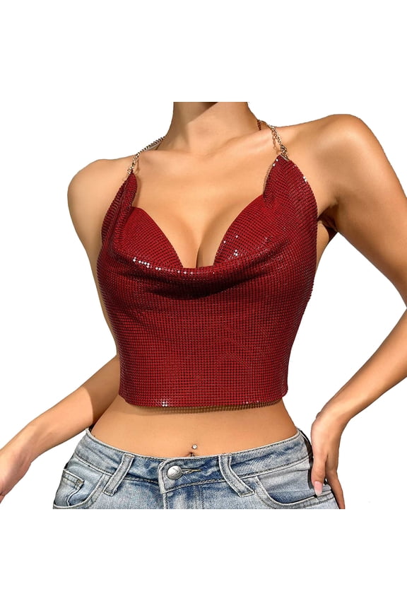 Women Sequin Tops Sparkly Chain Tank Tops V Neck Spaghetti Strap Backless Chain Cropped Tops Clubwear Plus Size Summer Tops Sleeveless Wine S