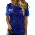 thumbnail image 1 of Women Sequin Tshirt Patchwork Shiny Tee Blouses Round Neck Pullover Top Crewneck Outfits Summer, 1 of 5