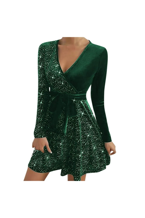 Women Sequin Wrap Deep V Neck Long Sleeve Velvet Glitter A Line Dress Cocktail Wedding Party Slim Fit and Flare Skater Dress