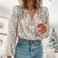 thumbnail image 1 of Women Sequined Blouse Long Sleeve V Neck Overlapping Pullover Fashion Top Glamorous Party Wear Shiny Elegant Womens Office Dinner Outfit, 1 of 5