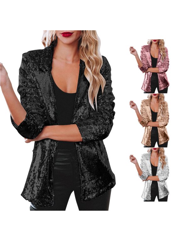 Women Sequins Blazer Sequin Shimmer Jacket Casual Long Sleeve Glitter Party Shiny Lapel Coat Rave Outerwear