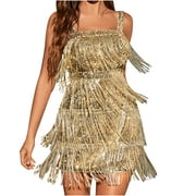 Women Sequins Gatsby Flapper Dress Tassels Latin Salsa Dance Costume Dress Vintage Sparkly Fringed Short Party Dress
