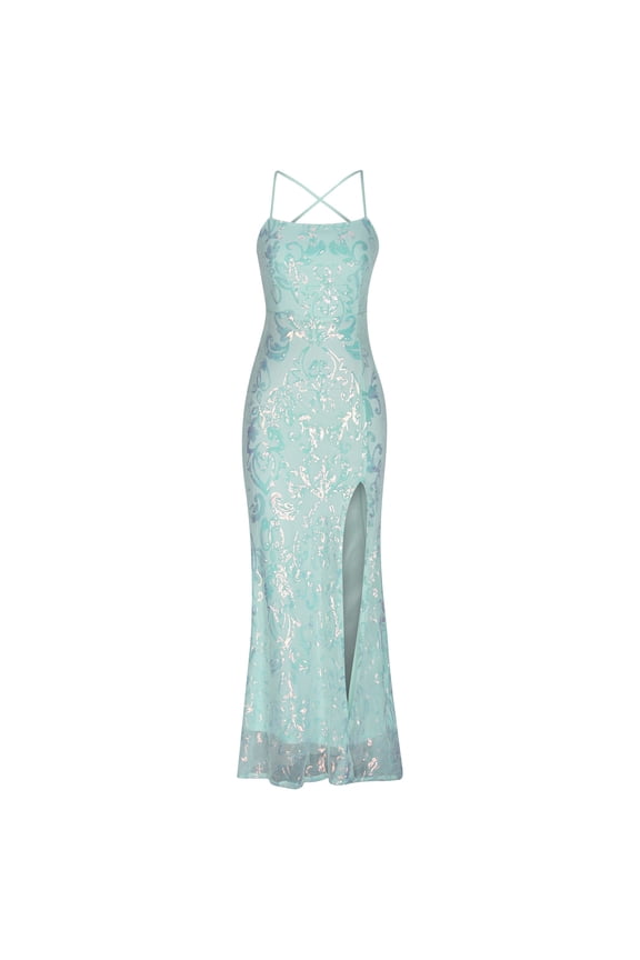 Women Sequins Glitters Mermaid Prom Dress Sexy Side Split Sleeveless Crisscross Tie Dresses Flowy Hem Maxi Dress