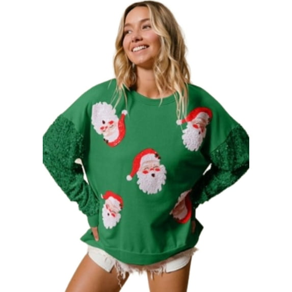 Women Sequins Long Sleeve Christmas Sweatshirt Santa Graphics Loose Pullover Top