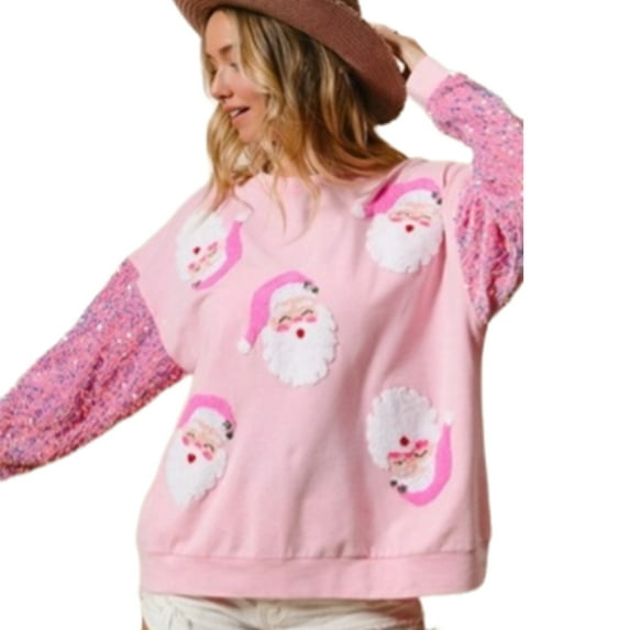 Women Sequins Long Sleeve Christmas Sweatshirt Santa Graphics Loose Pullover Top