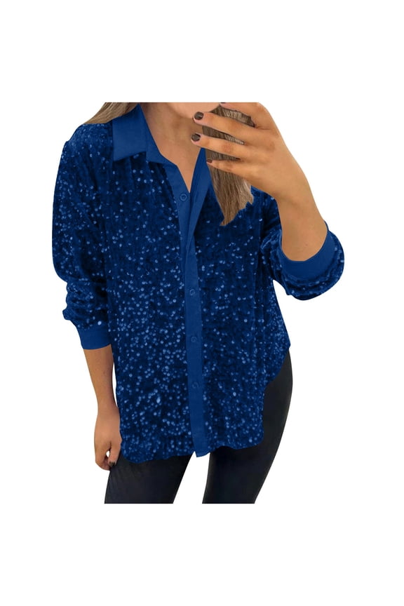 Women Sequins Long Sleeve Shirt Button Down Lapel Collar Glitter Sparkle Disco Tunic Tops Blouses for Club Party