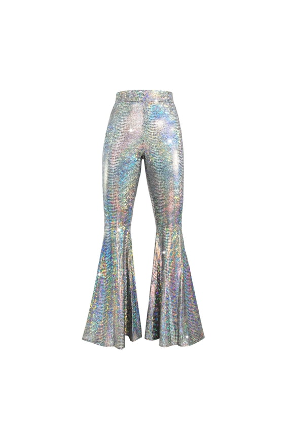 Women Sequins Pants Sparkly glitters High Waist Wide Leg Flared Trousers Bells Bottom Night Out Clubwear