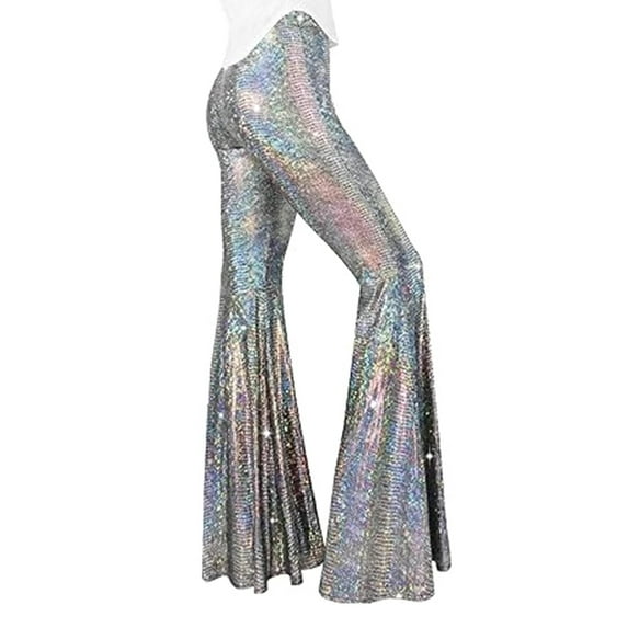 Women Sequins Pants Sparkly glitters High Waist Wide Leg Flared Trousers Bells Bottom Night Out Clubwear