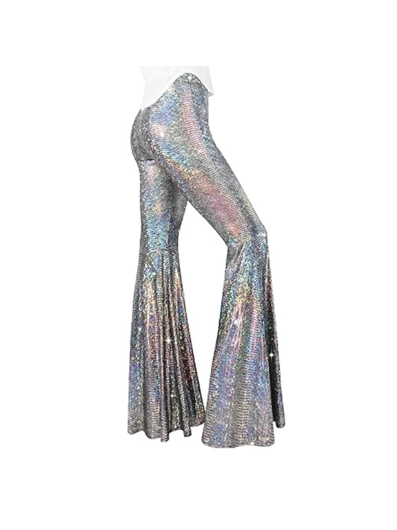 Women Sequins Pants Sparkly glitters High Waist Wide Leg Flared Trousers Bells Bottom Night Out Clubwear