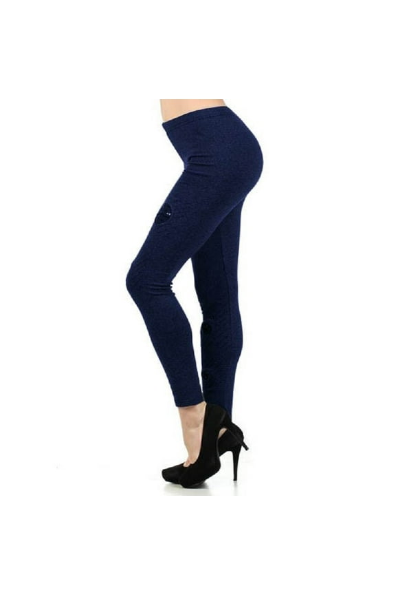 Women Sequins Patched Leggings Round Mesh Rhinestone Running Pants, Navy