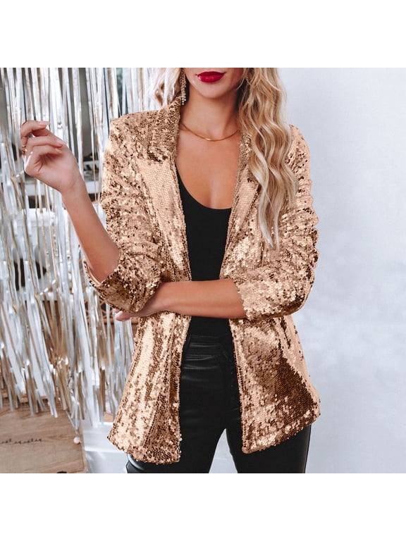 Women Sequins Sequin Jacket Casual Long Sleeve Glitter Party Shiny Lapel Coat Outerwear
