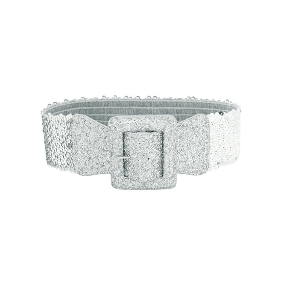 Women Sequins Stretchy Belts, Bling Sparkly Shiny Wide Elastic Waistband for Party Dresses 75x8cm/29.5x3.1" Silver