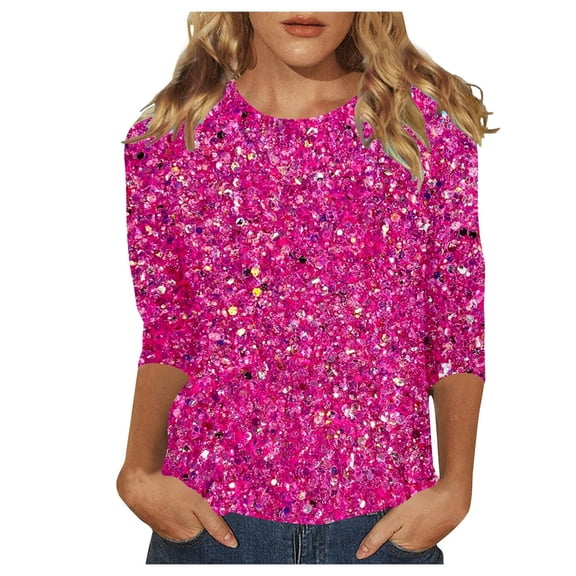 Women Sequins Tops 3/4 Sleeve Casual Solid Color Shiny Blouses Round Neck Loose Carnival T Shirt for Womens B-Pink L