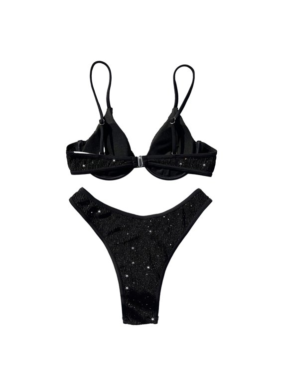 Women Sequins Triangle Bikinis Sparkling Swimsuit Two Pieces Bathing Suits, Wire Bikinis Top and Low Waist Shorts