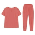 thumbnail image 1 of Women Set Nursing Sets for Women Two Piece Casual Set Solid Color Outfits Short Sleeve V Neck Tops and Wide Leg Pants, 1 of 4