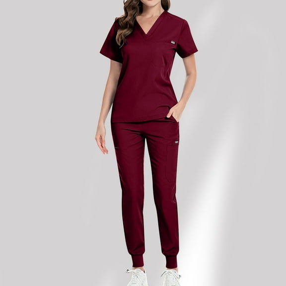 Women Set V-Neck Short Top And Double Pocket Jogger Pants Stretch Nursing Scrubs Set Uniform Clearance Wine L
