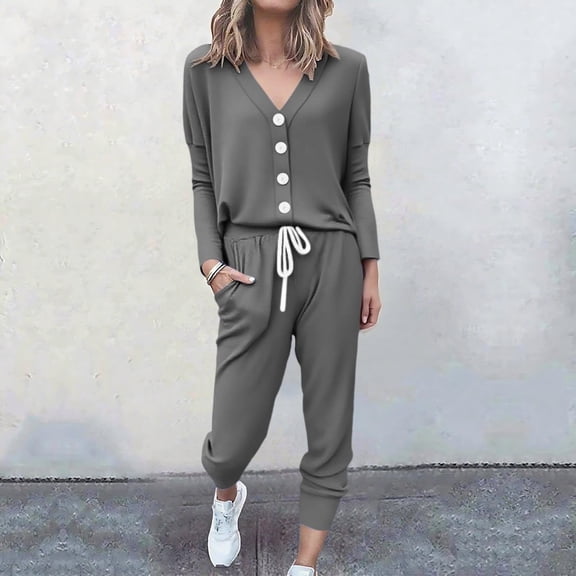 Women Set With Pockets Loose Tops and Pants, Solid Color for Casual Winter Outings and Lounge,Gray,S