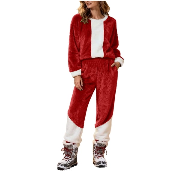 Women Set With Pockets Loose Tops and Pants, Solid Color for Casual Winter Outings and Lounge,Red,M