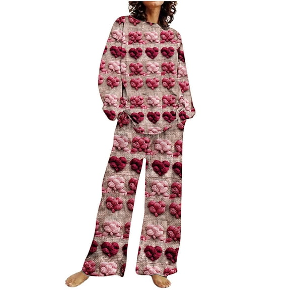 Women Sets 2 Piece Outfits Casual Cartoon Print Loungewear Christmas Long Sleeve Crew Neck Top and Wide Leg Pant Suits (Multicolor L)