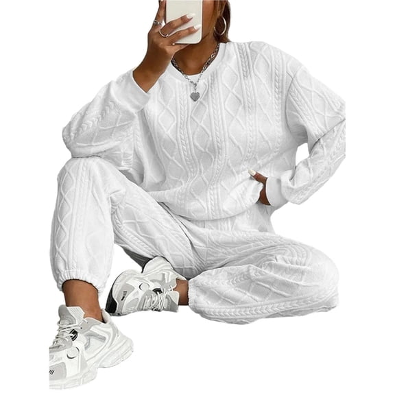 Women Sets 2 Piece Outfits Crewneck Sweatshirts Pullover Tops and Jogger Pants Tracksuits Lounge Set White XXL