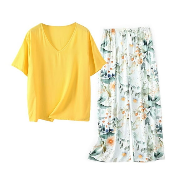 Women Sets 2 Piece Outfits V Neck Short Sleeve Top Knit Casual Printed Elastic Waist Wide Leg Pants Daily Going Out Set