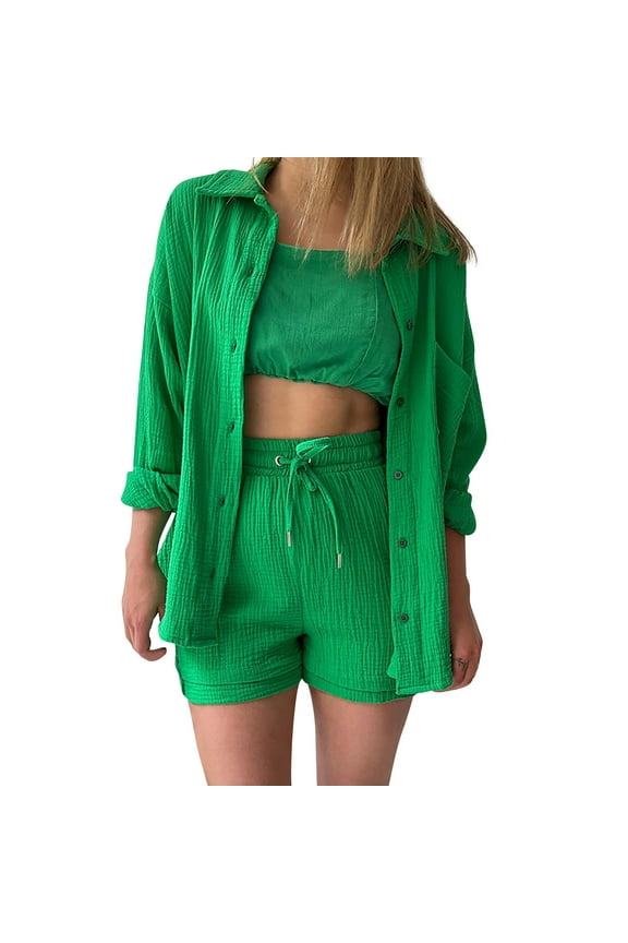 Women Sets 2 Piece Outfits Women's Casual Spring Long Sleeve Shirt and High Waist Drawstring Shorts Solid Color Fashion Set
