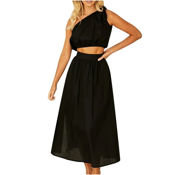 Women 2 Piece Outfits Dress One Shoulder Sleeveless Crop Top with Loose Pockets Pleated Skirt Dresses Set