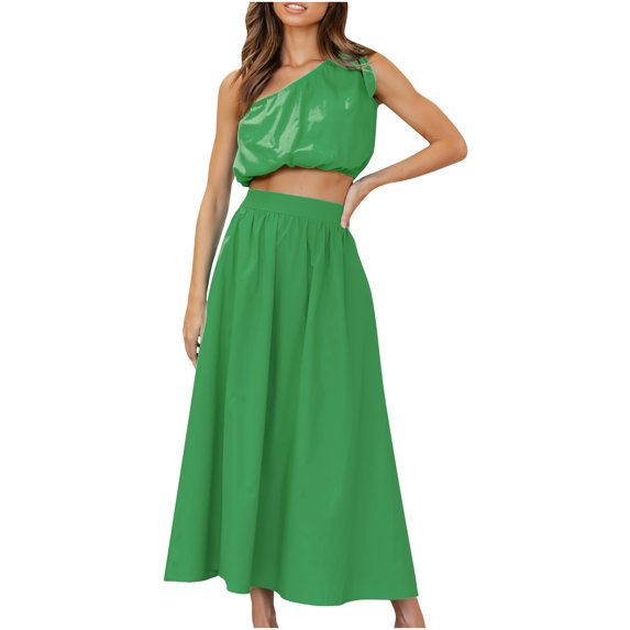 Women Sexy 2 Piece Outfits Dress One Shoulder Sleeveless Crop Top with Loose Pockets Pleated Skirt Dresses Set