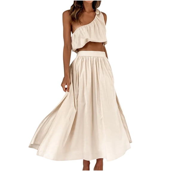 Women Sexy 2 Piece Outfits Dress One Shoulder Sleeveless Crop Top with Loose Pockets Pleated Skirt Dresses Set