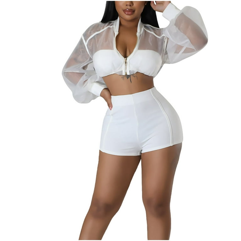 Women Sexy 2 Piece Outfits Mesh Long Sleeve Zip Up Crop Tops and