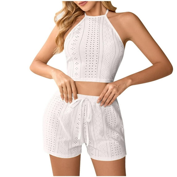 Women Sexy 2 Piece Pajama Set Eyelet Halter Crop Top and Shorts Sleepwear Set Cute See-Through Nightwear Outfit