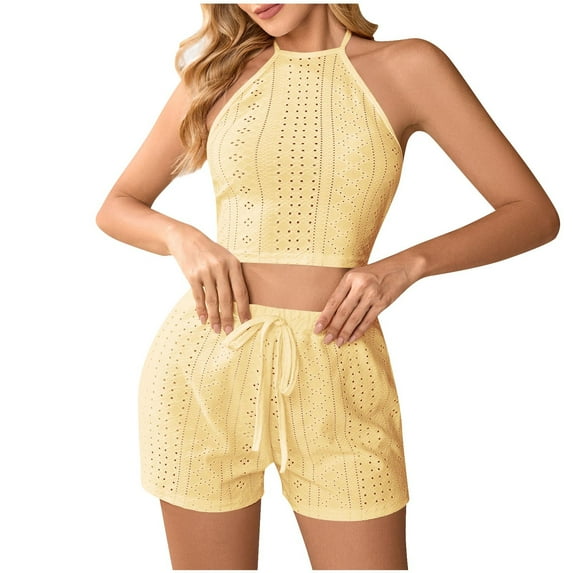 Women Sexy 2 Piece Pajama Set Eyelet Halter Crop Top and Shorts Sleepwear Set Cute See-Through Nightwear Outfit