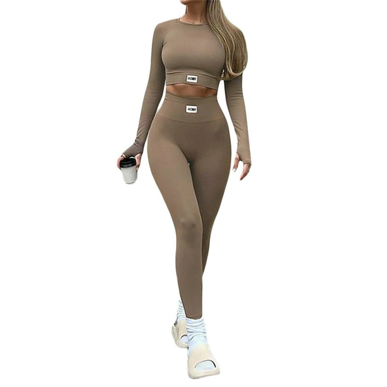 Women Sexy 2 Piece Ribbed Workout Sets Seamless High Waist Gym Outfit Solid  Color Long Sleeve Crop Top Stretchy Leggings