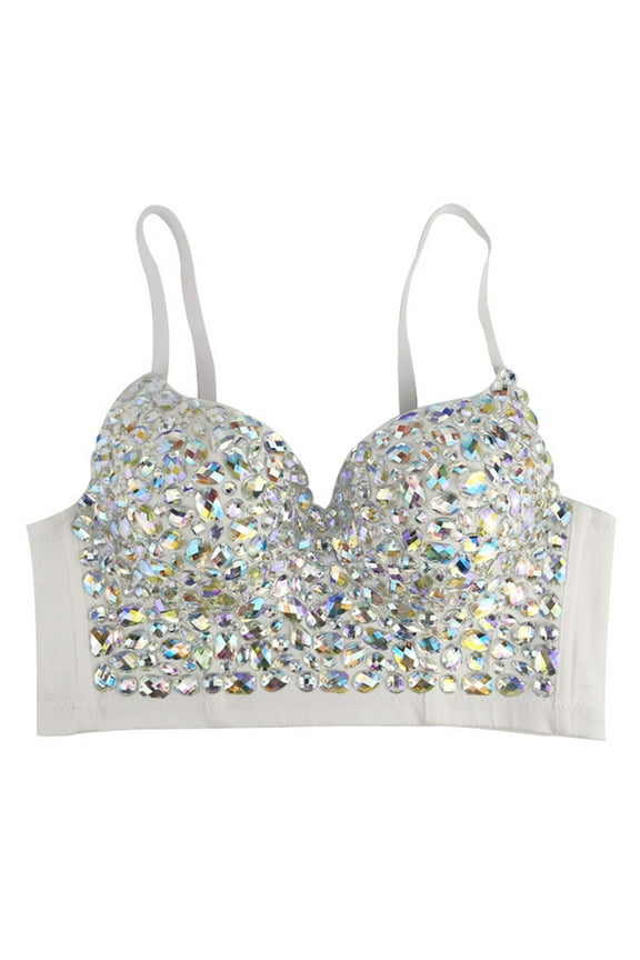Women Sexy AB Colored Rhinestone Bustier Crop Top Spaghetti Strap Push Up Jewelry Bralette Glitter Club Party Corset Bra Sling Vest