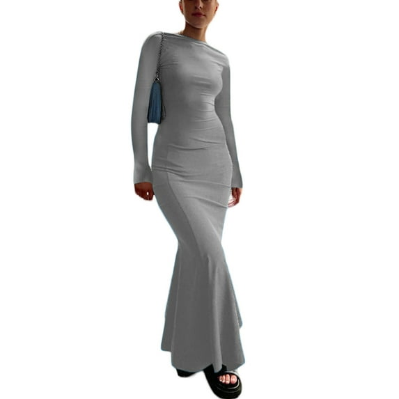 Women Sexy Backless Bodycon Maxi Dress Long Sleeve Fishtail Hem Slim Fit Solid Color Party Evening Dress Streetwear