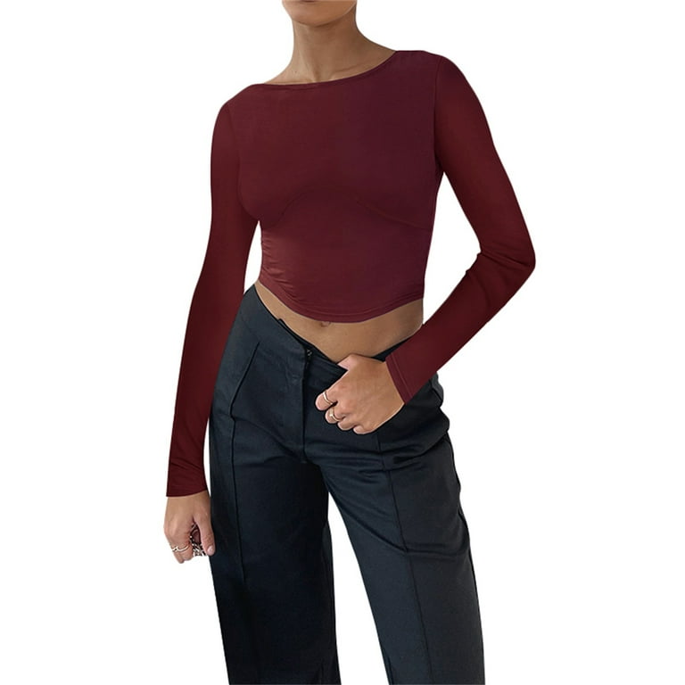 Women Sexy Backless Long Sleeve Slim Fit Crewneck T-Shirts Y2K