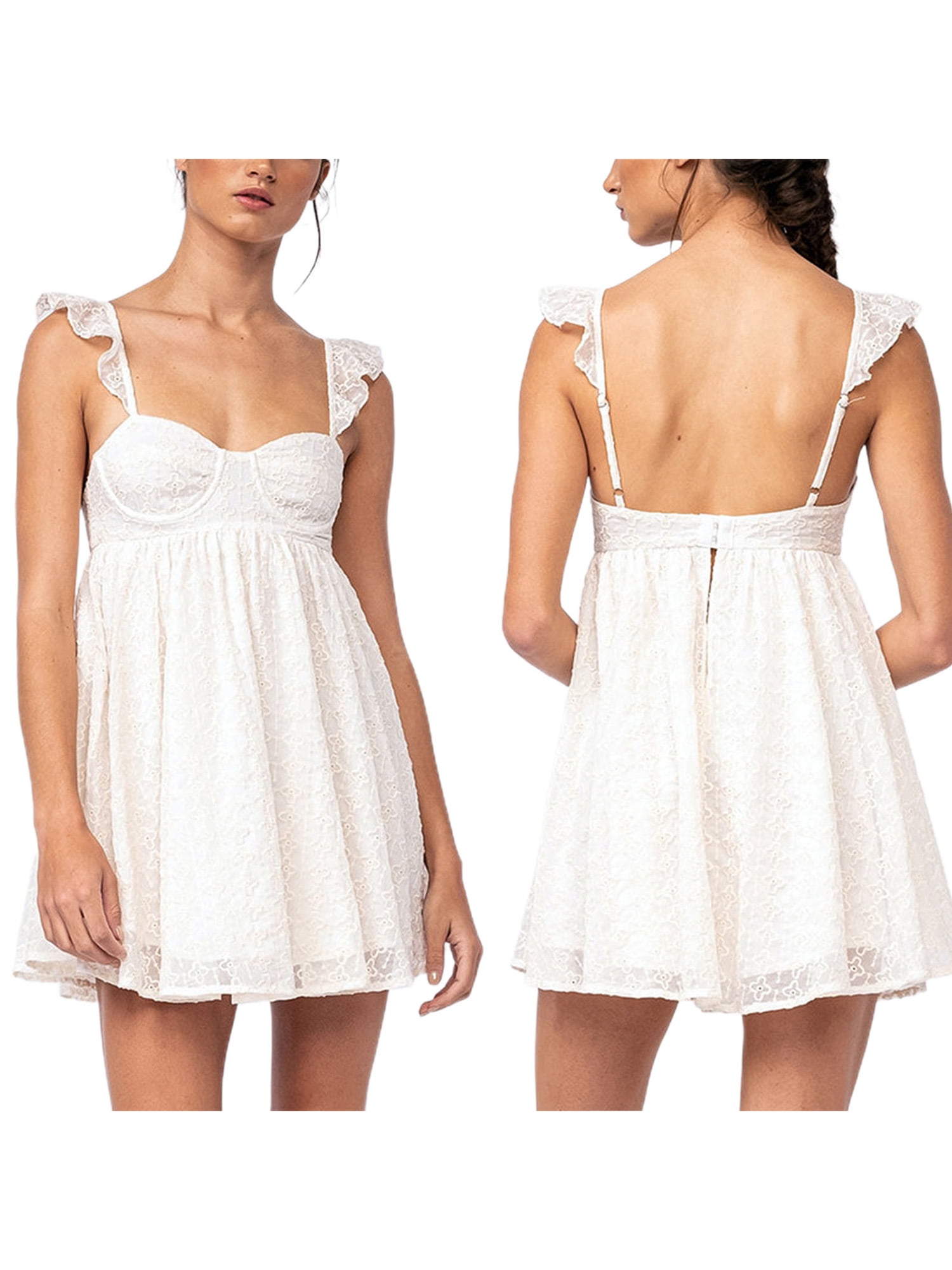 Women Sexy Backless Mini Dress Cute Sleeveless Ruffle A Line White Graduation Dress Low Cut Country Concert Bandage Dress Walmart