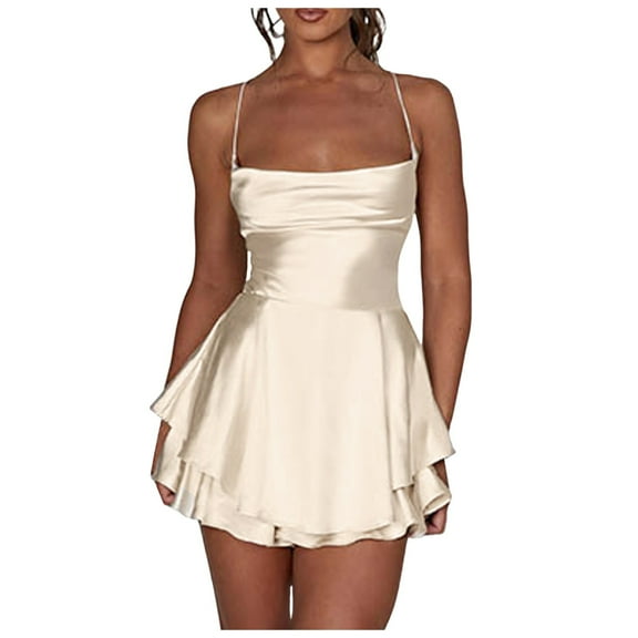 Women Sexy Backless Satin Romper Dress - Cowl Neck Tie Ruffle Spaghetti Strap Jumpsuit, Club Party Beach Outfit, S/M/L