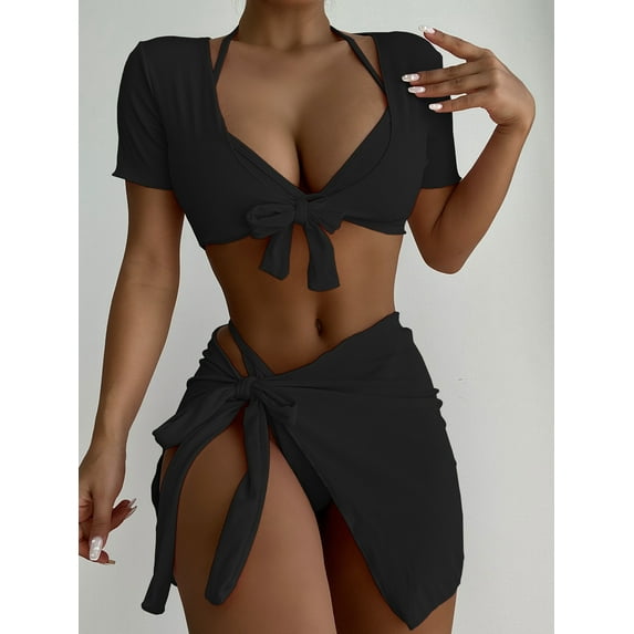 Women Sexy Bikini Set Halter Lace Up Short-sleeved Bikini Sets Cover Up Women Ladies Swimsuits Swimwear 4 Pieces Bathing Suit With Skirts