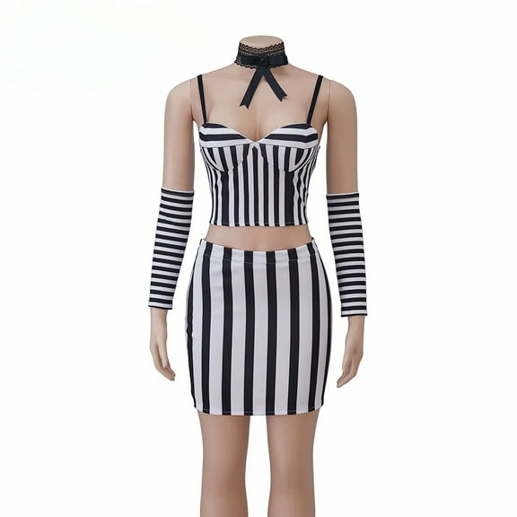 Black and White Stripes Dress Suit Outfit with Top and Skirt for Women