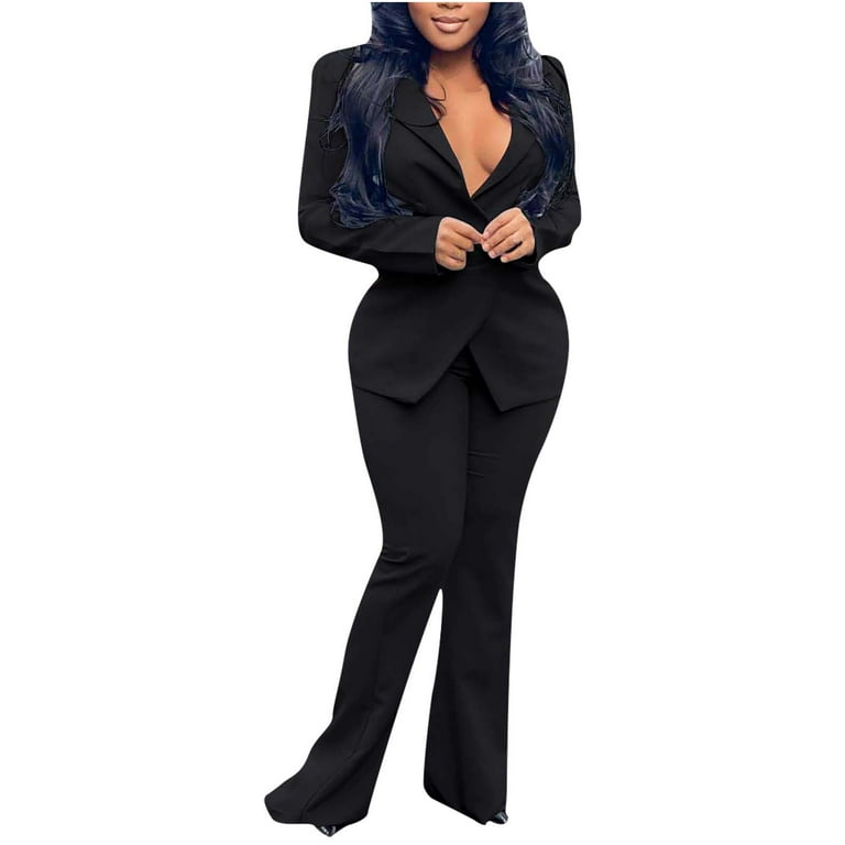 Women Sexy Blazer Sets Business Casual 2 Piece Outfits V Neck Long Sleeve  Slim Fit Jacket and Flare Pants Ladies Suit Black 