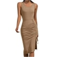 thumbnail image 1 of Women Sexy Bodycon Dress Ruched Side Slit Drawstring Midi Dress Round Neck Sleeveless Dresses Tank Sheath Party Club Dress, 1 of 5