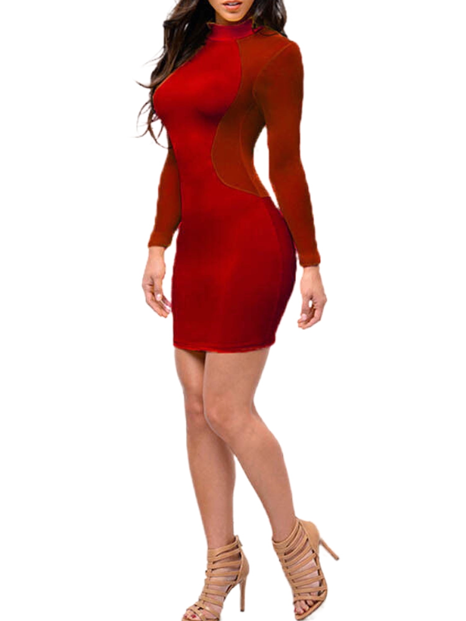 Women Sexy Bodycon Mini Dress Mesh Patchwork Transparent Back Long