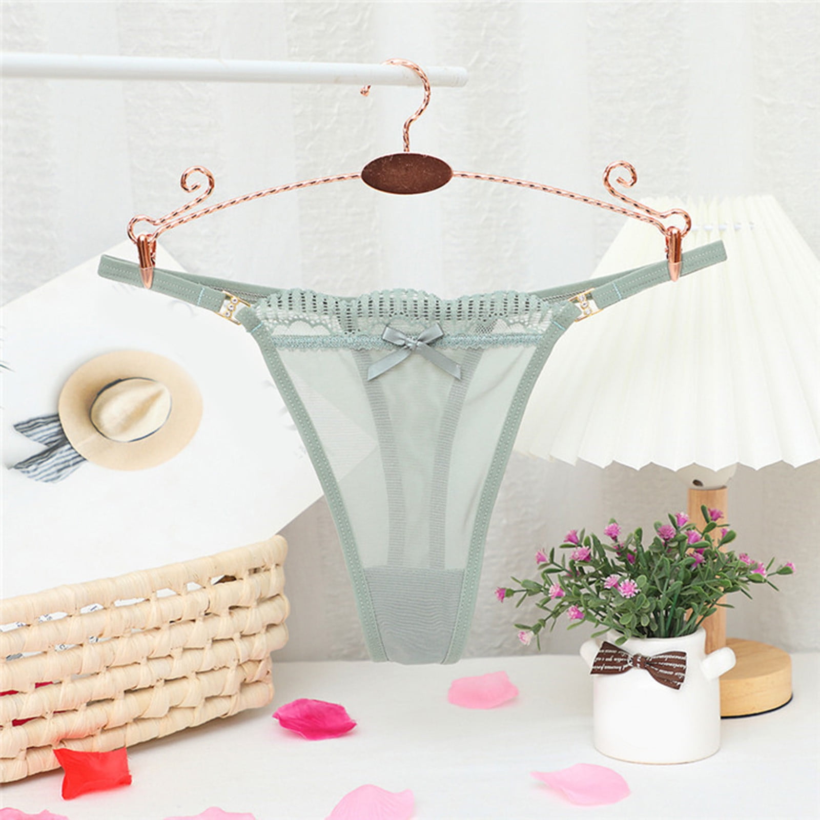 Women Sexy Bow Knot Panties Mesh Full Sheer Lace Seamless Thong Panties