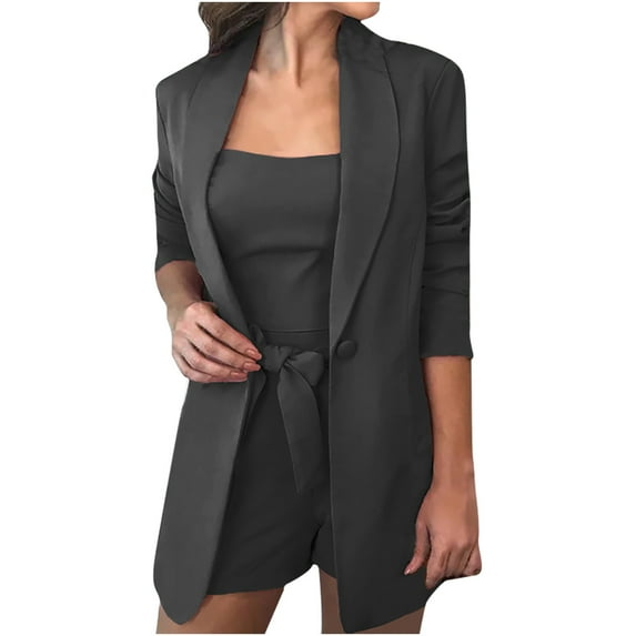 Women Sexy Bussiness Outfits 3 Piece Open Front Button Blazers + Crop Tops + Tie Waisted Shorts Set for Work Office