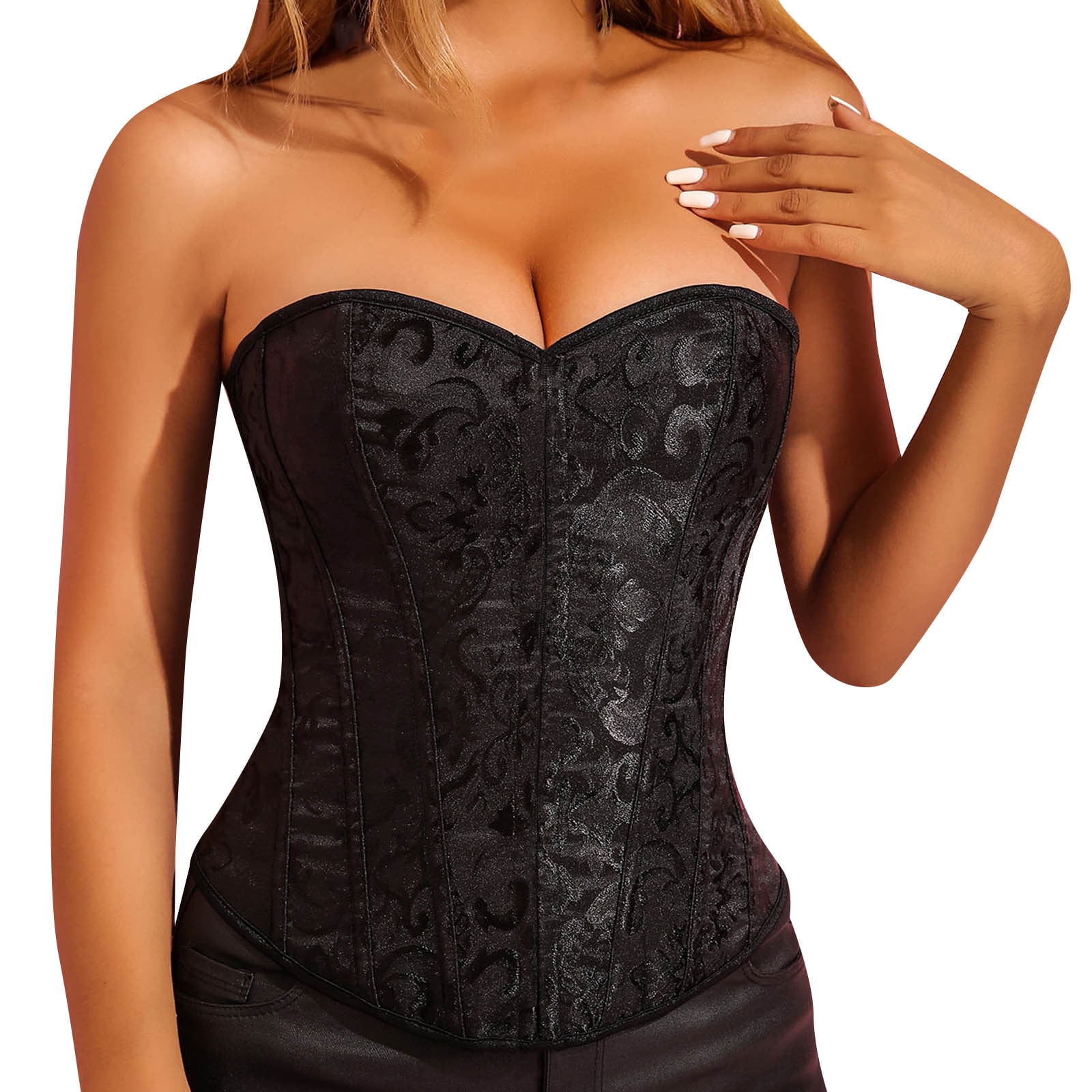 Women Sexy Bustier Corset Top Zipper Eyelet Lace Up Floral Print Push